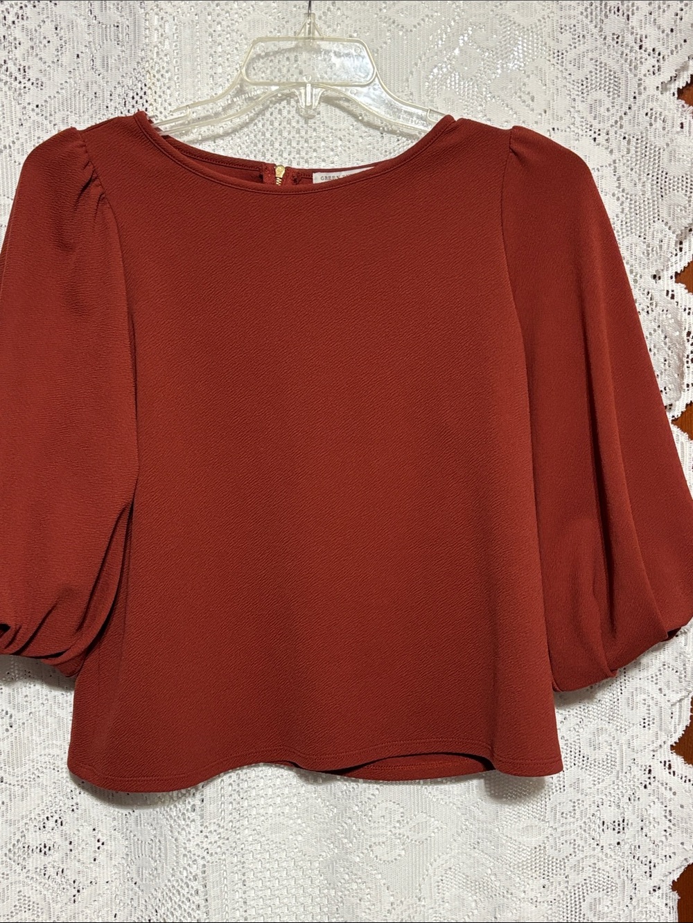 Green Envelope Brick Red Puff Sleeve Blouse size L